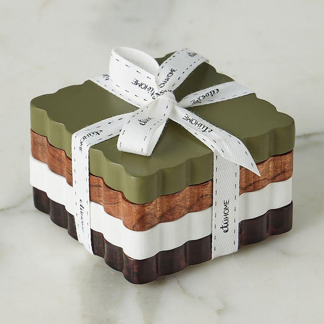 Scalloped Wood Coasters, Square, Set of 4, Vineyard Colors