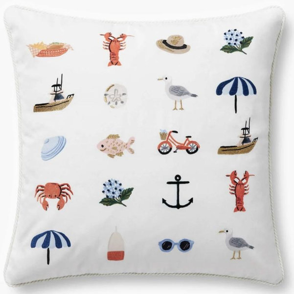 Seaside Embroidered Pillow - White