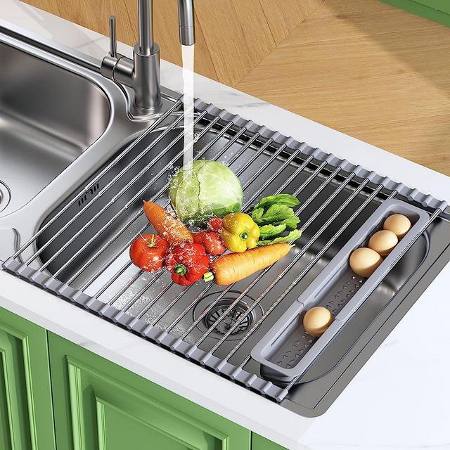 JASIWAY Roll Up Dish Drying Rack Over Sink, Expandable, Foldable, Portable Dish Drainers for Kitchen Sink, 304 Stainless Steel Kitchen Sink Accessories with Utensil Holder (18.5"- 23.3", Sliver)