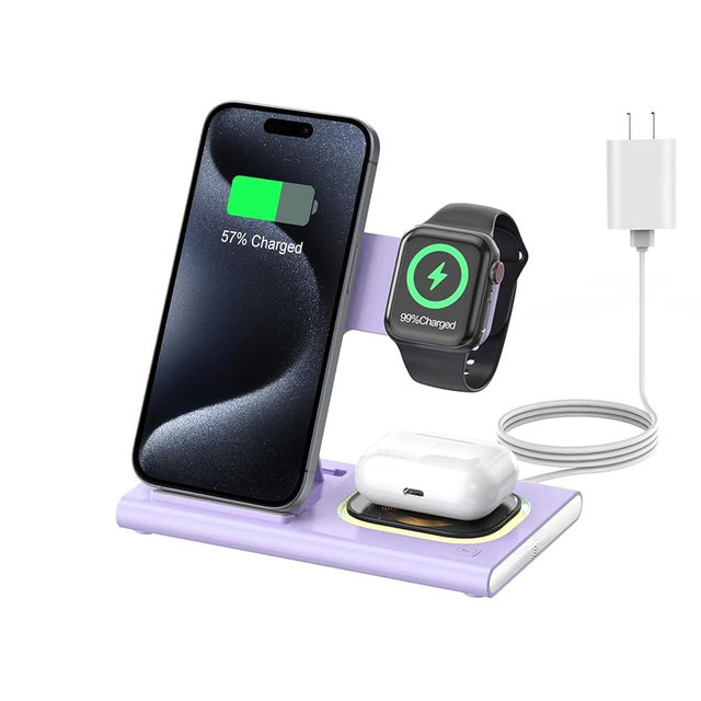 3 in 1 Foldable Charging Station for Apple Products,Fast Wireless Charger Travel Dock Adapter&Light for iPhone 16/15/14/13/12/11/X/XS,for iWatch 10/9/8/7/Ultra2/Ultra,for AirPods 4/3/2/Pro/2(Purple)