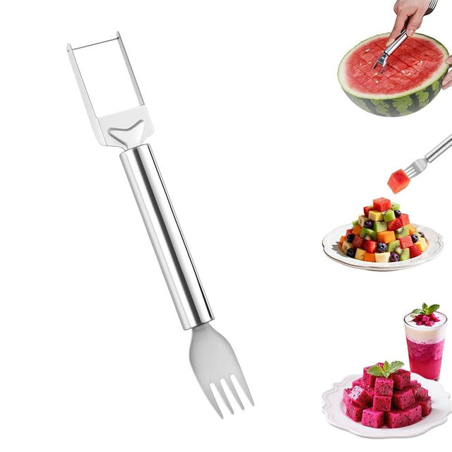 2-in-1 Stainless Steel Fruit Cutter, Watermelon Slicer with Fork, Dual Head Watermelon Fork Slicer Tool for Cubes, Fruit Knife with Round Handle for Home Kitchen, Picnic & Party (1Pack)