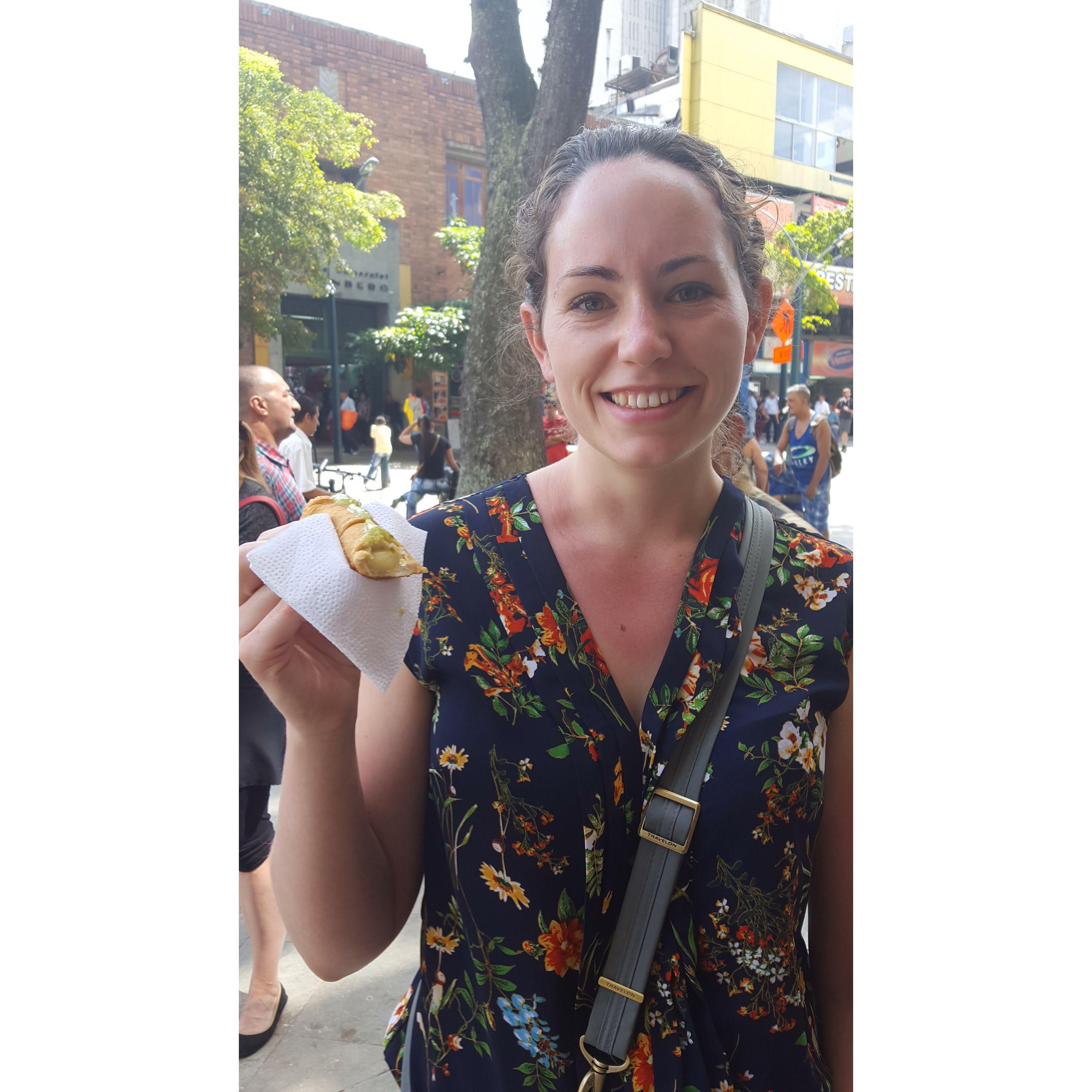 Enjoying street food in Colombia during our first trip together