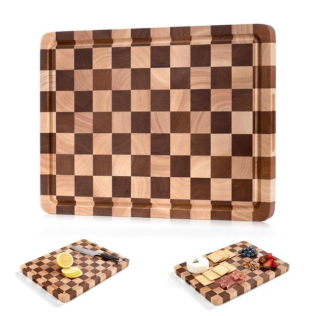 WILLKOMMEN Checkered Cutting Board for Kitchen– Wood Checkerboard End Grain Chopping Board 1" Thick Butcher Block with Juice Groove & Handle, Reversible for Cooking and Serving (Rectangular)