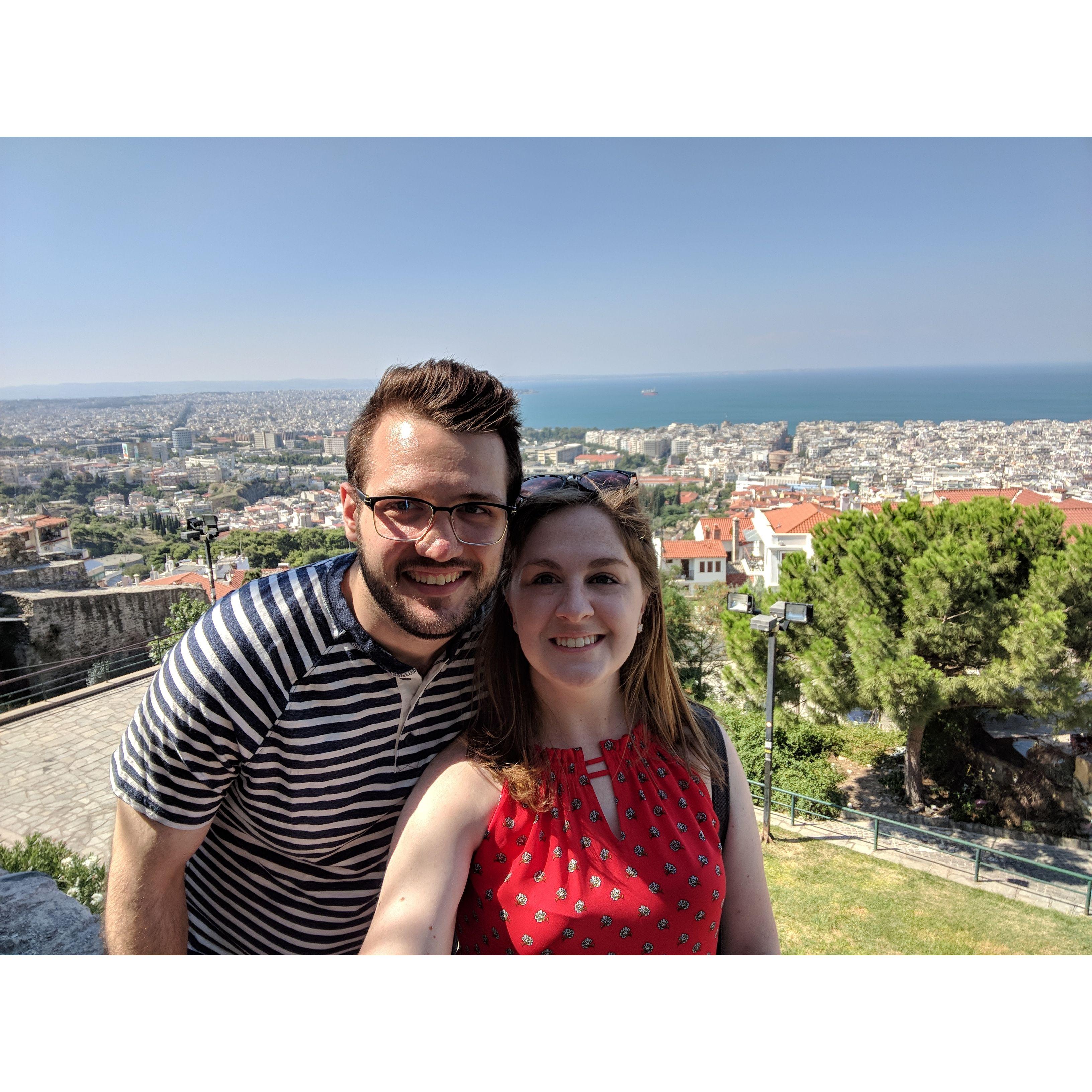 On our trip to Greece, one year into dating.