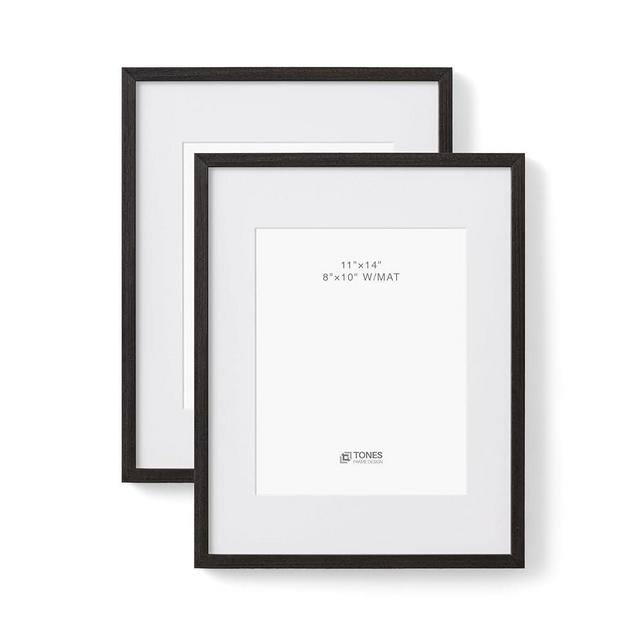 TONES FRAME DESIGN 11x14 Greyish Black Wood Frame with 8x10 Mat, Set of 2 Picture Frames Solid Wood Venner Finish and Plexiglass Front for Poster Gallery Wall Home Decor