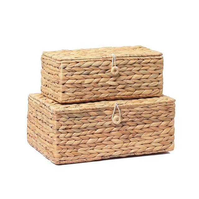 LUSYDECO Pack of 2 Large Rectangular Wicker Storage Bins with Lid, Rattan Basket Decorative Boxes, Multipurpose Organizer Rattan Display Boxes for Shelf Organizer, Boho Rattan Box for Home Decoration