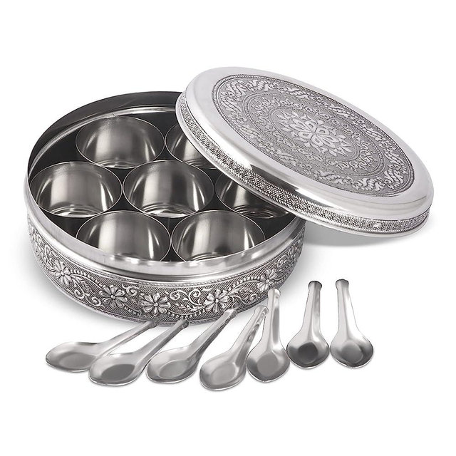 KSJONE Designer Spice Container Masala Dabba With 7 Compartments, Masala Box, Spice Container Box, Stainless Steel Spice Box Indian Masala Dabba with Lid, 8 Inch
