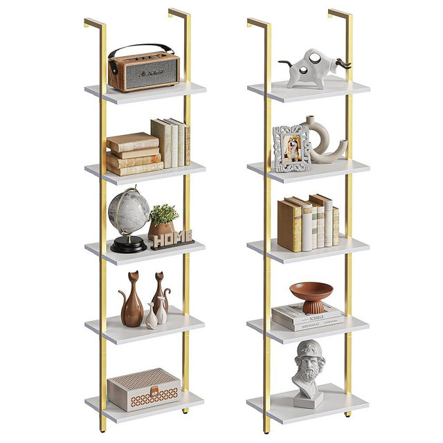 SUPERJARE 5-Tier Bookshelf, Narrow Book Shelf Set of 2, Open Wall-Mounted Ladder Shelf with Metal Frame, Display Bookcase for Home Office, Bedroom, White & Gold
