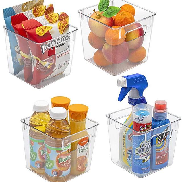 Sorbus Plastic Storage Bins Clear Pantry Organizer Box Bin Containers for Organizing Kitchen Fridge, Food, Snack Pantry Cabinet, Fruit, Vegetables, Bathroom Supplies, (Square, 4-Pack)