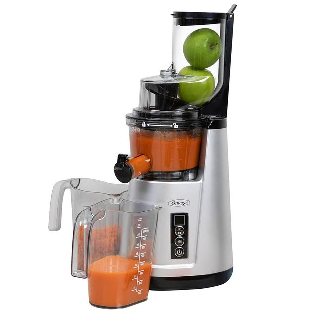 Omega Wide Mouth Juicer Compact Vertical Cold Press Vegetable and Fruit Juice Extractor with 3-Inch Hopper 2-Speed Slow Juicing with Space Saving Design, 120-Watts, Black