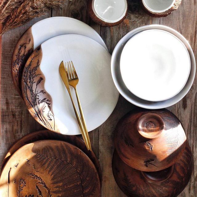 Herb Inlaid Dinnerware set of 8: Salad Bowls, Soup Bowls, Plates