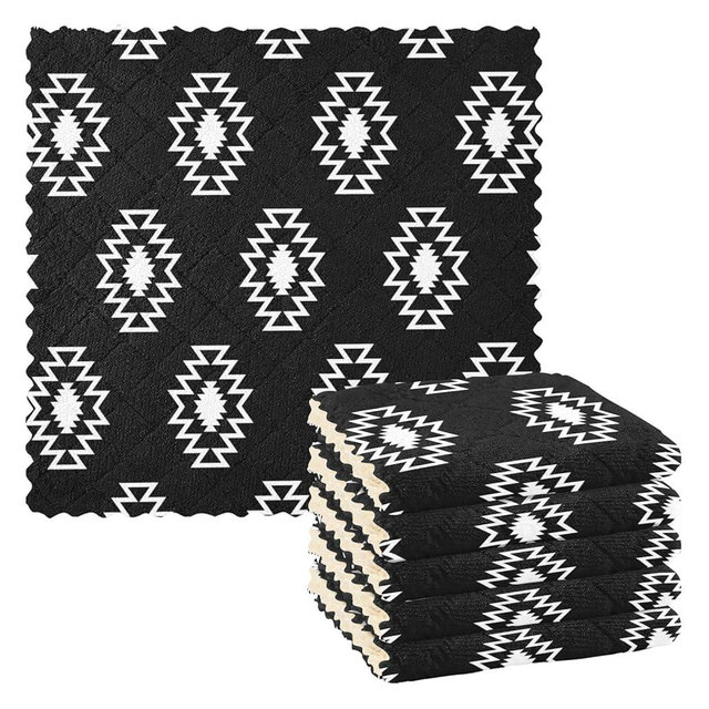 CaTaKu Geometric Ethnic Boho Kitchen Dish Cloths, 6 Pack Reusable Dish Rags for Washing Dishes, Microfiber Cleaning Cloths Dish Towels Washcloths for Kitchen Drying
