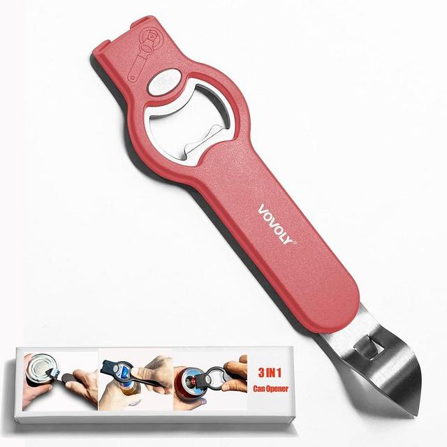 3-in-1 Magnetic Bottle and Can Opener for Refrigerator, Stainless Steel Manual Can Punch Opener for Liquid with Cap Catcher, Stick to Fridge for Easy Storage, Can Tapper Church Key with Magnet (Red)