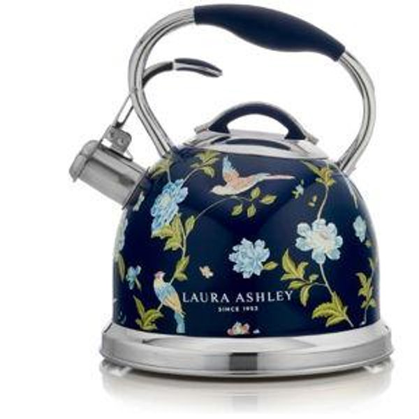 VQ Laura Ashley Elveden Navy 2.5L Stainless Steel Tea Kettle Stovetop Whistling Teapot for Induction, Gas Hob or others. Silicon Coated Cool Handle & Push Button Mechanism Vintage Stove Top Kettle