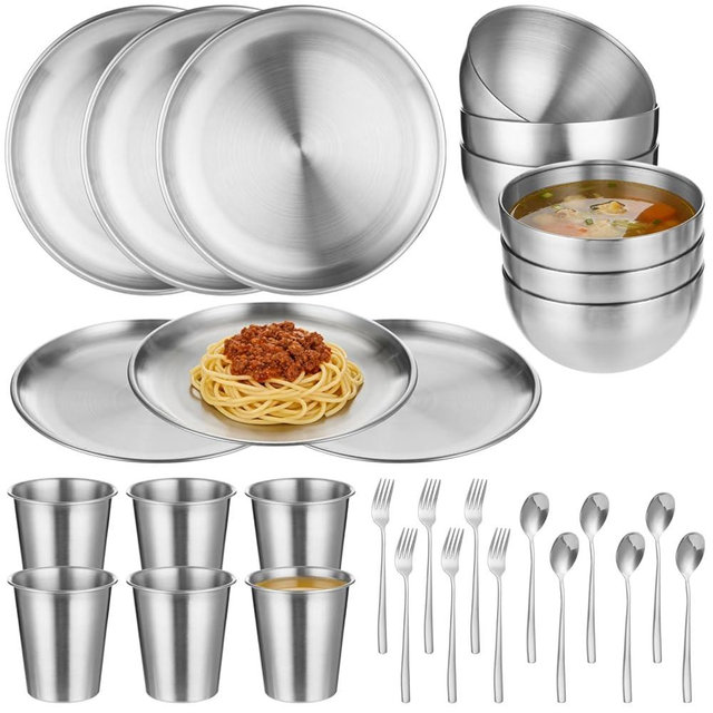 Skdqiee 30 Pcs Stainless Steel Dinnerware Set, Includes Metal Plates, Bowls, Cups, Forks, and Spoons, Reusable Tableware Set, Sturdy Utensils for Home, Camping, Picnic, Party