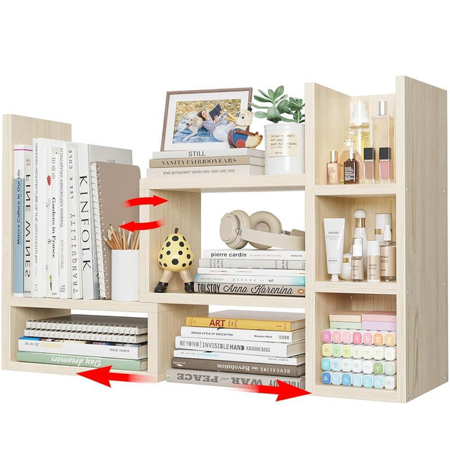 NUTIKAS Desk Shelves Desktop Organizer Shlef - Natural Wood Tone Office Organization for Top of Desk Organizers and Accessories Corner Bookshelf Table Top Shelving Small Hutch Decorations for Office