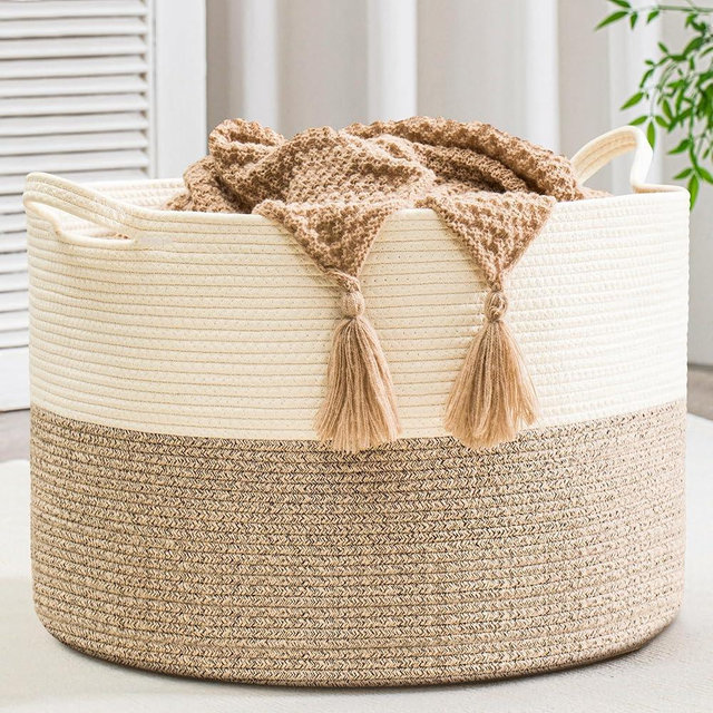 Gosipeya XXXLarge Woven Cotton Rope Basket (21.7" x 13.8") 90L – Blanket Basket for Living Room, Laundry Hamper, Baby Laundry Hamper, Toy Storage, Pillows & Cushions Organizer (Brown)