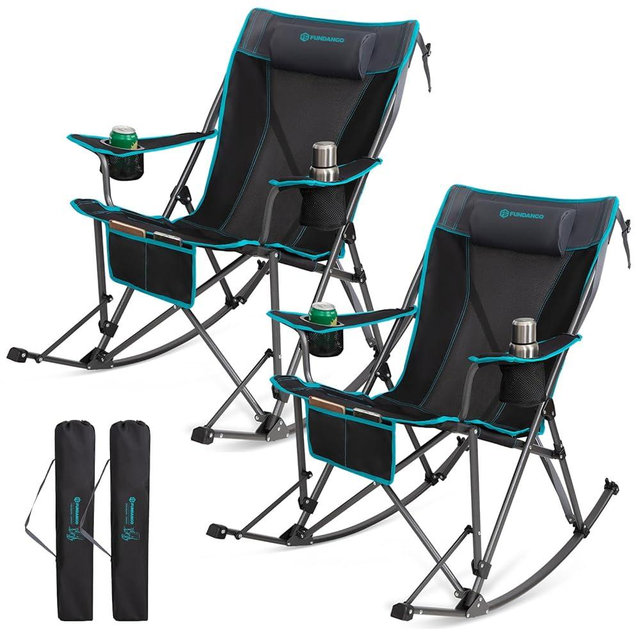 FUNDANGO Rocking Camping Chair, 2 Pack High Mesh Back Portable Folding Camp Chairs with Pillows, Cup Holder and Carry Bag for Lawn Patio Garden Outdoor Supports 300 Lbs (Black/Blue)