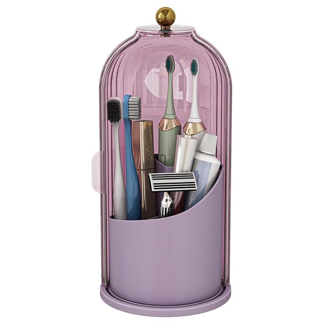 Zufudo Dustproof Toothbrush Holders with Cover, Rotating Electric Toothbrush and Toothpaste Holder for Bathroom Countertop, 3 Slots Makeup Brushes Organizer, All Pink