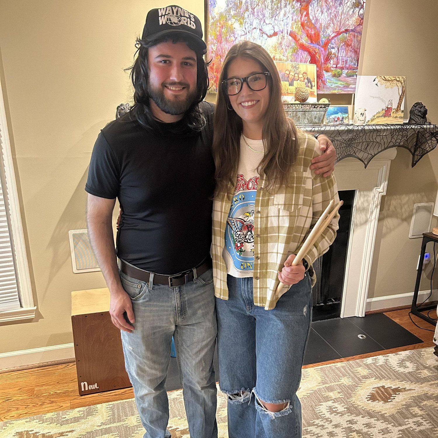 We found a way for Alex to wear his random mullet wig... Wayne's World costume for our first Halloween together. Party on, Wayne!