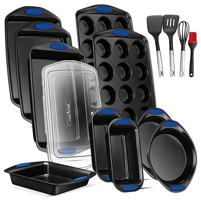 15-Piece Baking Pan Set - PFOA, PFOS, PTFE Free Flexible Nonstick Gray Coating Carbon Steel Bakeware - Professional Home Kitchen Bake Cookie Sheet Stackable Tray w/ Blue Silicone Handles