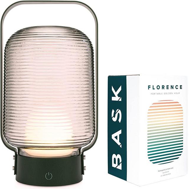 Bask Portable LED Lantern Table Lamp | USB Rechargeable | Cordless 3-Step Dimmable | Bedroom Outdoor Kids Light | Ribbed Glass Shade & Metal Handle | Florence