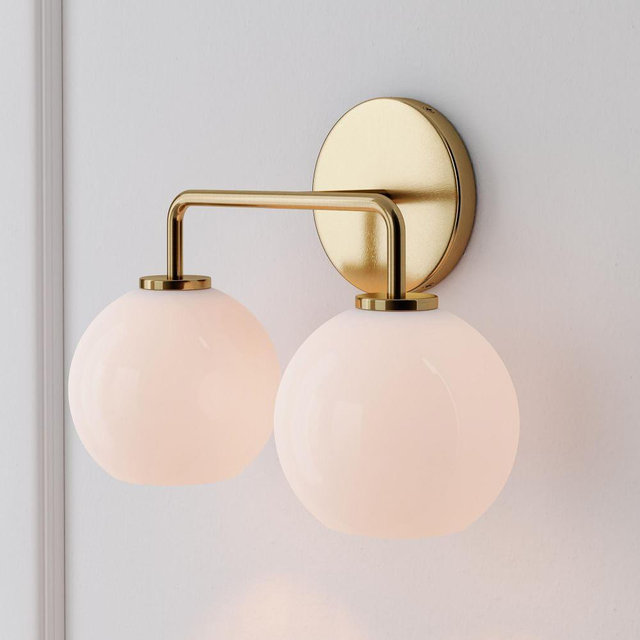 Sculptural 2-Light Sconce, Globe Mini, Milk, Antique Brass, 6"