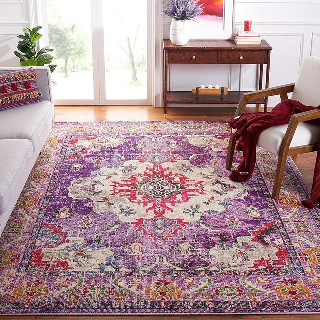 SAFAVIEH Monaco Collection Area Rug - 8' x 10', Violet & Fuchsia, Boho Chic Medallion Distressed Design, Non-Shedding & Easy Care, Ideal for High Traffic Areas in Living Room, Bedroom (MNC243P)