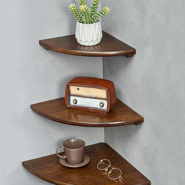 Conamily Corner Shelves, Floating Corner Shelf, Set of 3 Solid Oak Wood Corner Wall Shelves, Round End with Wire Hole Shelving for Small Plant for Bedroom Kitchen, Living Room (Size 9/10/12in)