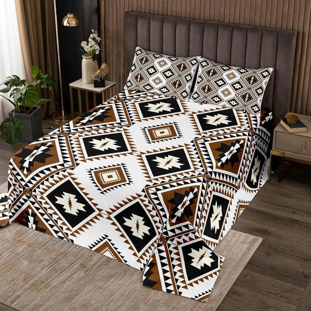 Ethnic Bohemian Coverlet Set King Western Boho Aztec Quilt Set Southwestern Bedspread Set Exotic Mexican Geometric Diamond Bedding Set Black White Brown Home Room Decor 2 Pillow Cases
