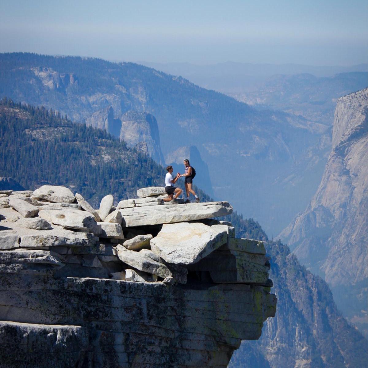 Our engagement at Halfdome, Yosemite National Park. We hiked 20 miles that day and at the peak Leo said, “If you’re brave enough to hike up here, you’re brave enough to marry me”