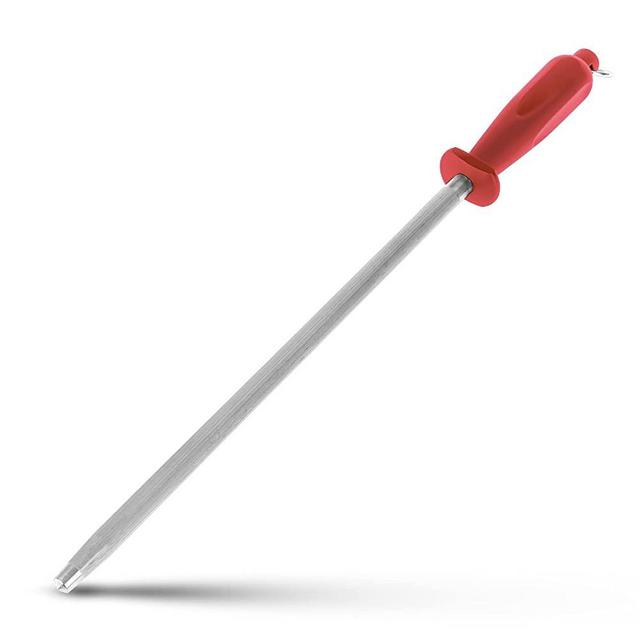 10 Inch Sharpening Steel, Professional Carbon Steel Knife Sharpener, Red