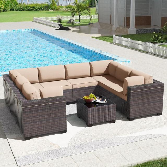 Kullavik 9PCS Outdoor Patio Furniture Set PE Wicker Rattan Sectional Sofa Patio Conversation Sets,Sand