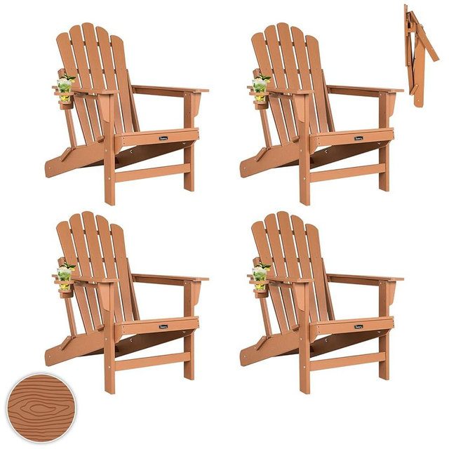 FUNBERRY Folding Adirondack Chairs Set of 4, All Weather HDPE Wood Texture Fire Pit Chairs with Cup Holder for Outdoor