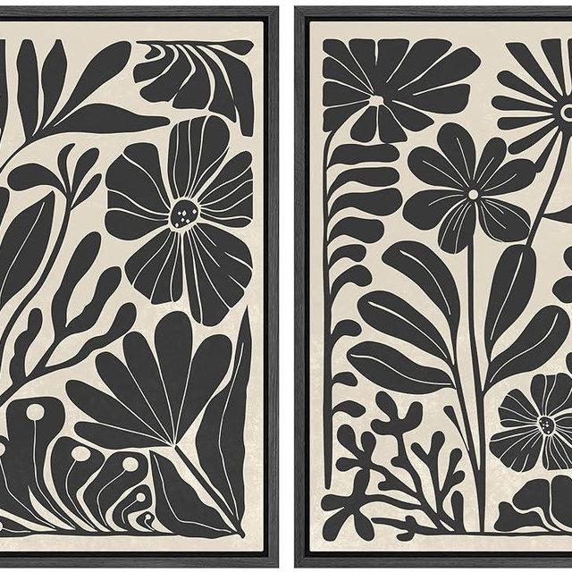 MUDECOR Framed Canvas Wall Art Abstract Floral Botanical Prints Minimalist Modern Art Boho Wall Decor for Bedroom - 16"x24"x2 BLACK