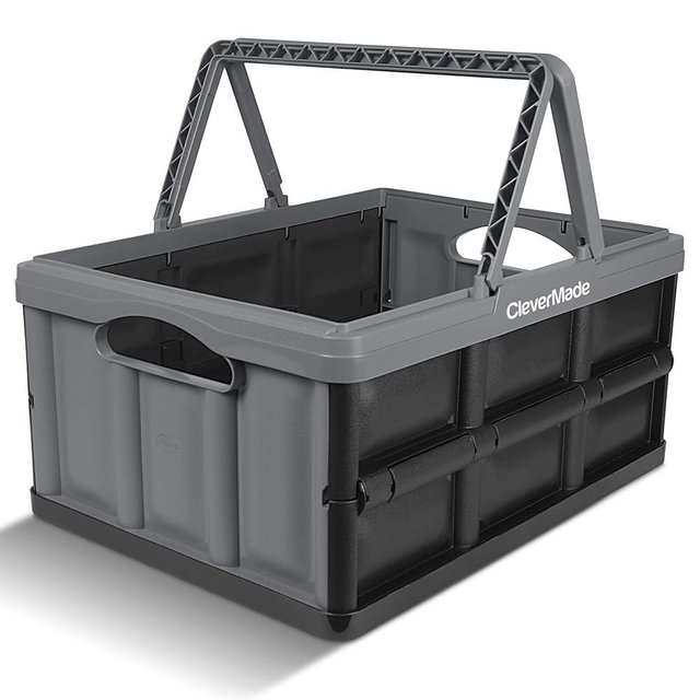CleverMade Collapsible Shopping Basket 32L – Folding Grocery Basket with Handles, Stackable Reusable Storage Crate with 35 lb Capacity, Recycled Plastic, Car Trunk Organizer - Stone Gray