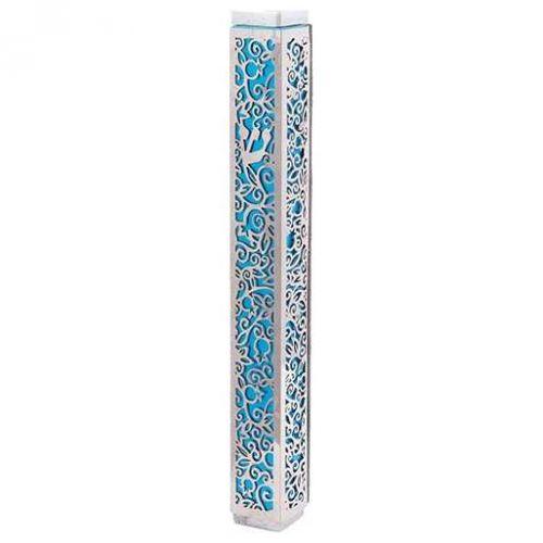 Lasercut Pomegranate Mezuzah Case by Yair Emanuel - Turquoise With Silver Overlay