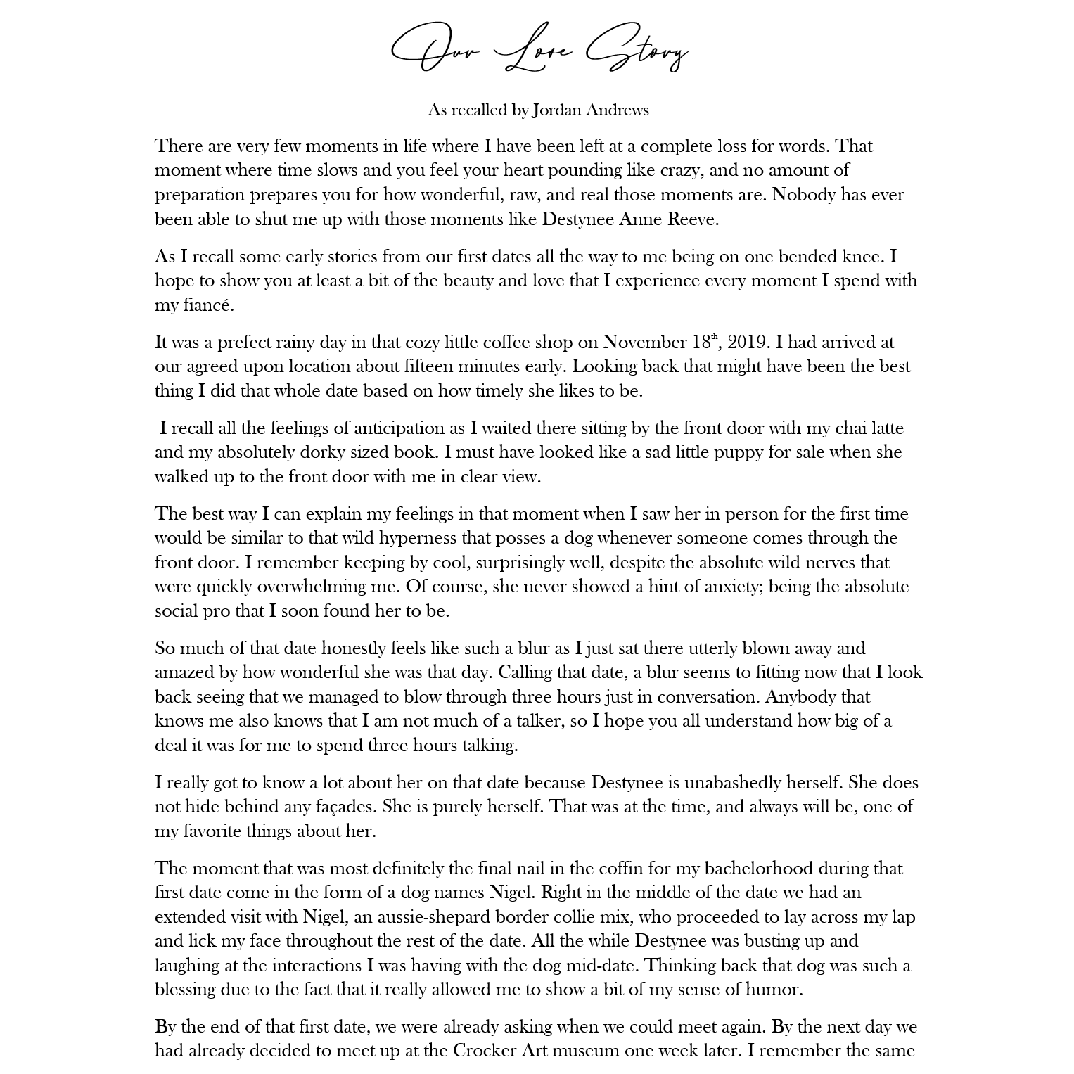 Our Love Story as recalled by Jordan Andrews