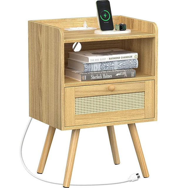 SUPERJARE Nightstand with Charging Station & Rattan-Like Decor Drawer, Rattan End Table with Solid Wood Feet, Bed Side Table with Open Storage, for Bedroom, Living Room, Dormitory - Natural