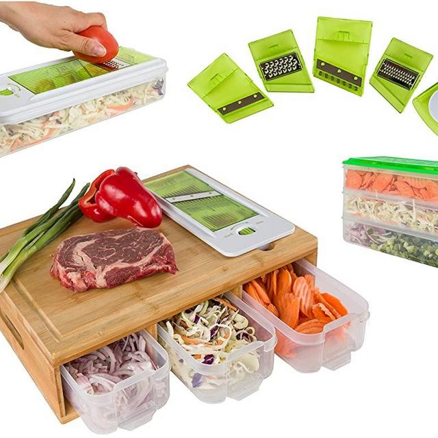 BAMBOO LAND Bamboo LARGE cutting board with stackable containers, cutting board with tray, vegetable slicers &graters, Cutting board with Juice groove, cutting board with handles & food opening