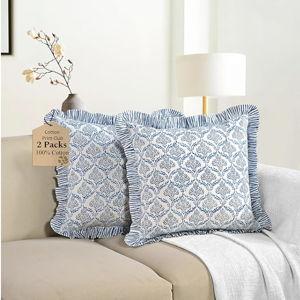 CPC Indigo Regal Hand Block Print 100% Cotton Ruffle Throw Pillow Cover 18x18 inch with Hidden Zipper Decorative for Couch, Bed, Sofa, Farmhouse, Cottagecore Decor Gift Christmas Fall Thanksgiving