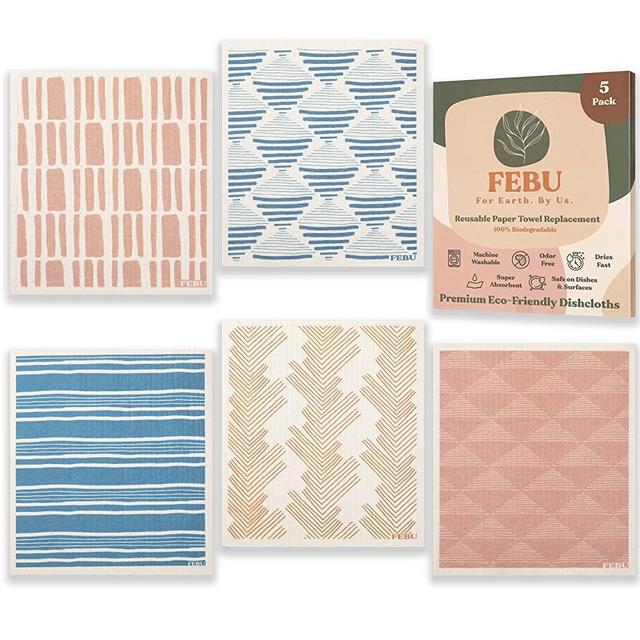 FEBU Swedish Dishcloths for Kitchen | 5 Pack Sunset Swedish Dish Towels | Cellulose Sponge Cloths | Non Scratch Reusable Paper Towels | No Odor, Biodegradable and Reusable Kitchen Dish Rags