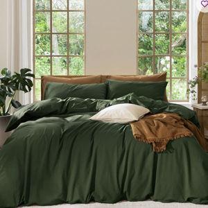 MooMee Duvet Cover Set 100% Washed Cotton Linen Like Textured Lightweight - Forest Green, Full Duvet Cover + 2 Standard Pillowcases