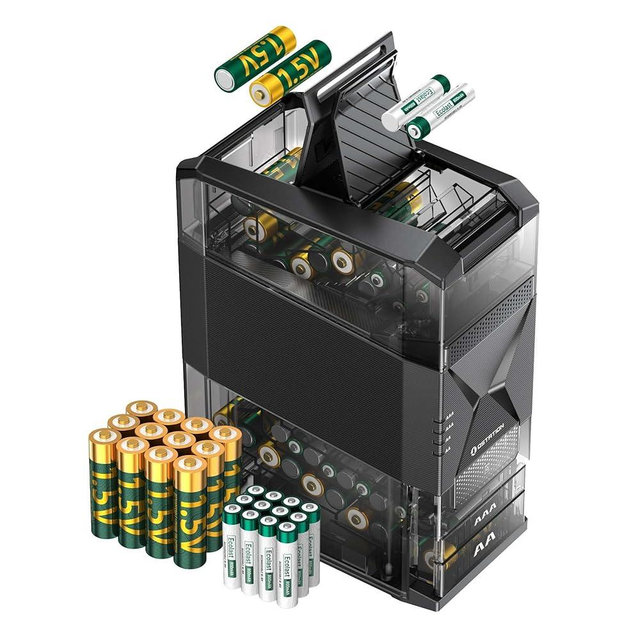 Ostation 2 AA AAA Battery Charger Charging Station with 12 AA Li-ion & 12 AAA NiMH, 3 in 1 Smart Polarity-Free Charger & Organizer for NiMH & Lithium, Auto-sort Good & Bad, Holds 24 Cells, App Control