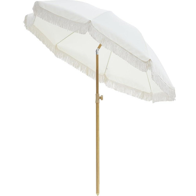 Kbrellaoutlets 6.5FT Boho Patio Umberlla with Fringe,UPF50+ Outdoor Umbrella with Fiberglass Ribs and Push Button Tilt,Tassels Umbrella for Beach,Terrace,Picnic