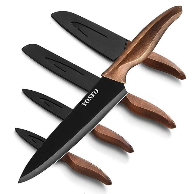 Kitchen Knife Set 5 Piece, Stainless Steel Kitchen Knives Set with Sheath Covers, Titanium Plated Chef Knives Set for Kitchen,Black
