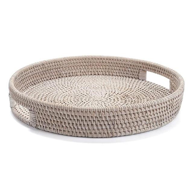 14.2 inch Round Rattan Tray, Woven Serving Tray with Cut - Out Handles, Wicker Serving Basket, Whitewash
