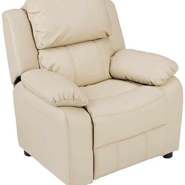 Amazon Basics Faux Leather Kids/Youth Recliner with Armrest Storage, 3+ Age Group, Beige