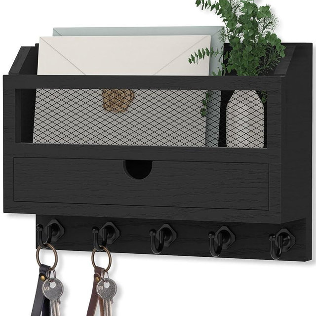 Nekon Key and Mail Holder for Wall, Key Organizer with 5 Hooks & Storage Drawer, 11" W x 7.9" H x 3.1" D Wooden Key Rack for Entryway and Home Decor (Black)