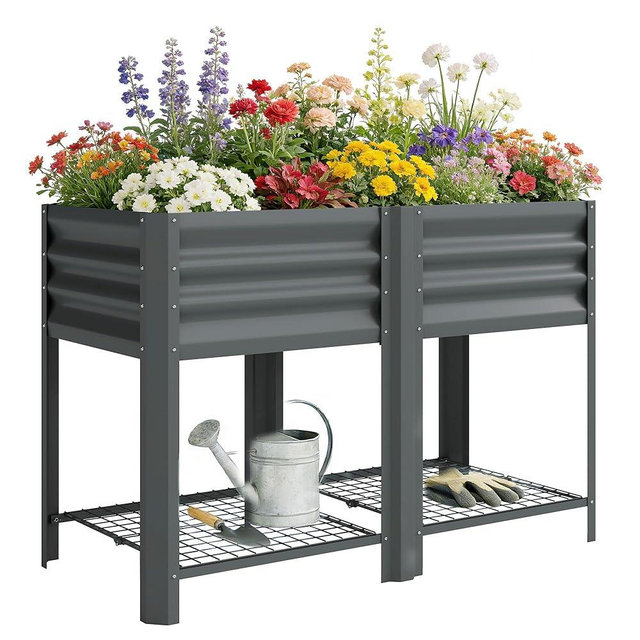 Outsunny Galvanized Steel Raised Garden Bed with Storage Shelf and Bed Liner, Elevated Planter Box with Legs for Flowers, Vegetables, and Herbs, for Outdoor Patio Yard, Glove Included, Dark Gray